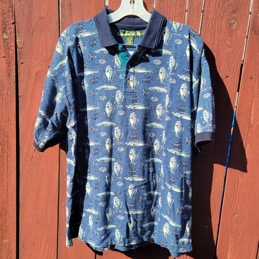 VTG Knights of Round Table Blue All Over Fishing Print Cotton Polo Shirt L 90s